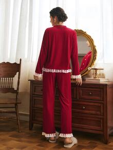 Côtesoire Women's French Elegant Velvet Contrast Color Lace Long Sleeve Pants Pajama Set - Burgundy - View 2