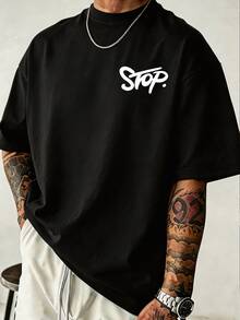 Manfinity Homme Men's Plus Size Classic Graffiti Street Text STOP Double-Sided Graphic T-Shirt - Black - View 2