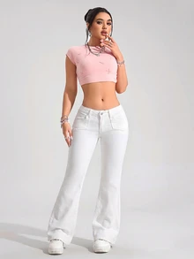 SHEIN Tall Gaya Jalanan Gadis Seksi Celana Jeans Denim Model Flare Pinggang Rendah dengan Kantong Tempel - Putih - View 3