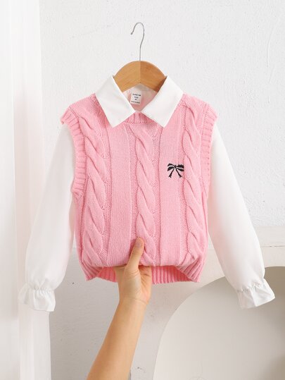 SHEIN Young Girl Young Girl Pink Cable Texture Ribbed Knit Vest - Elegant And Cute, High Quality, Warm And Soft. Versatile Item, Suitable For Daily Wear And School, Especially Ideal For Autumn/Winter Season Paired With White Shirt To Create Preppy Style For Back To School
