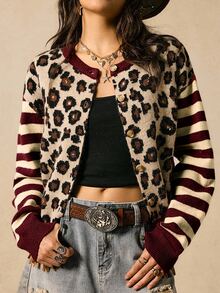 Easelle Vintage Nomadic Leopard Print & Striped Patchwork Women's Cardigan - Burgundy - View 1