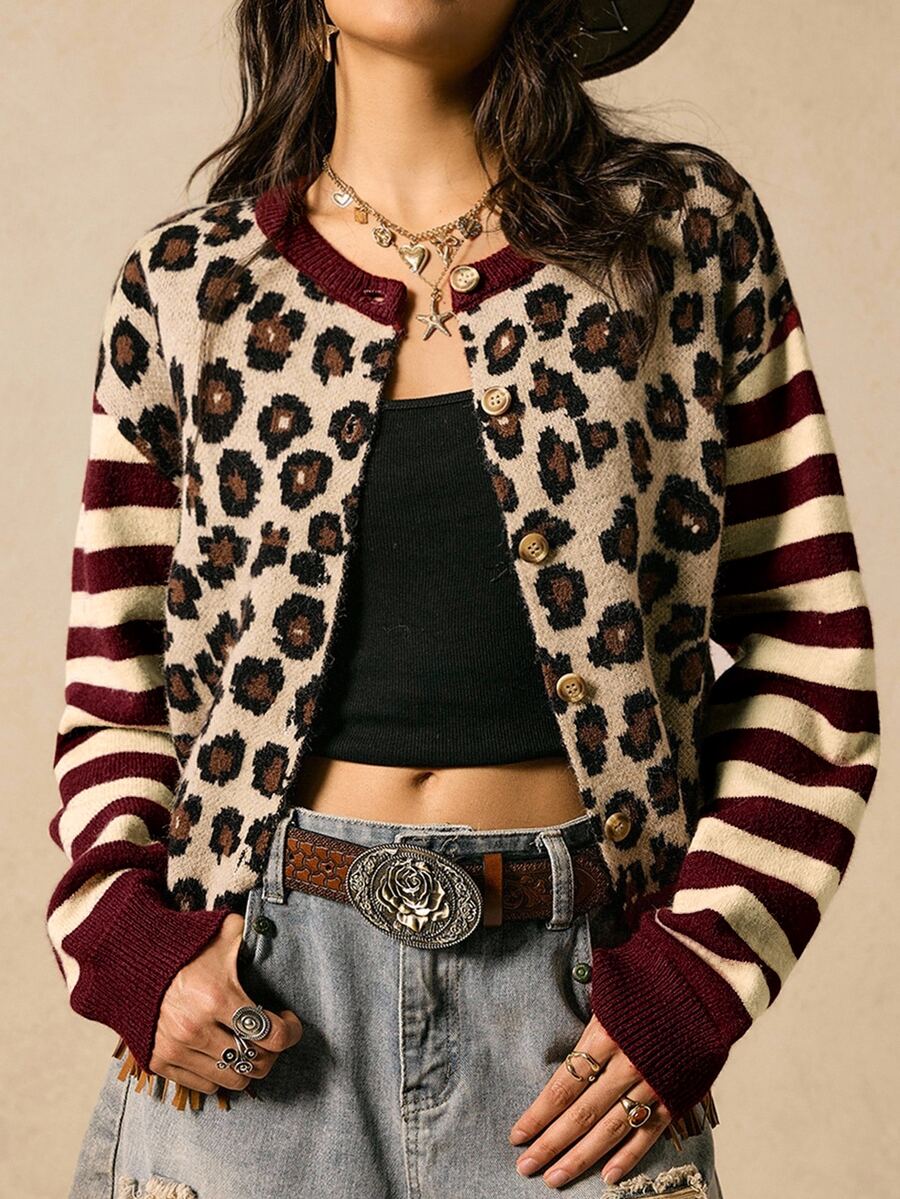 Easelle Vintage Nomadic Leopard Print & Striped Patchwork Women's Cardigan - Burgundy - View 1