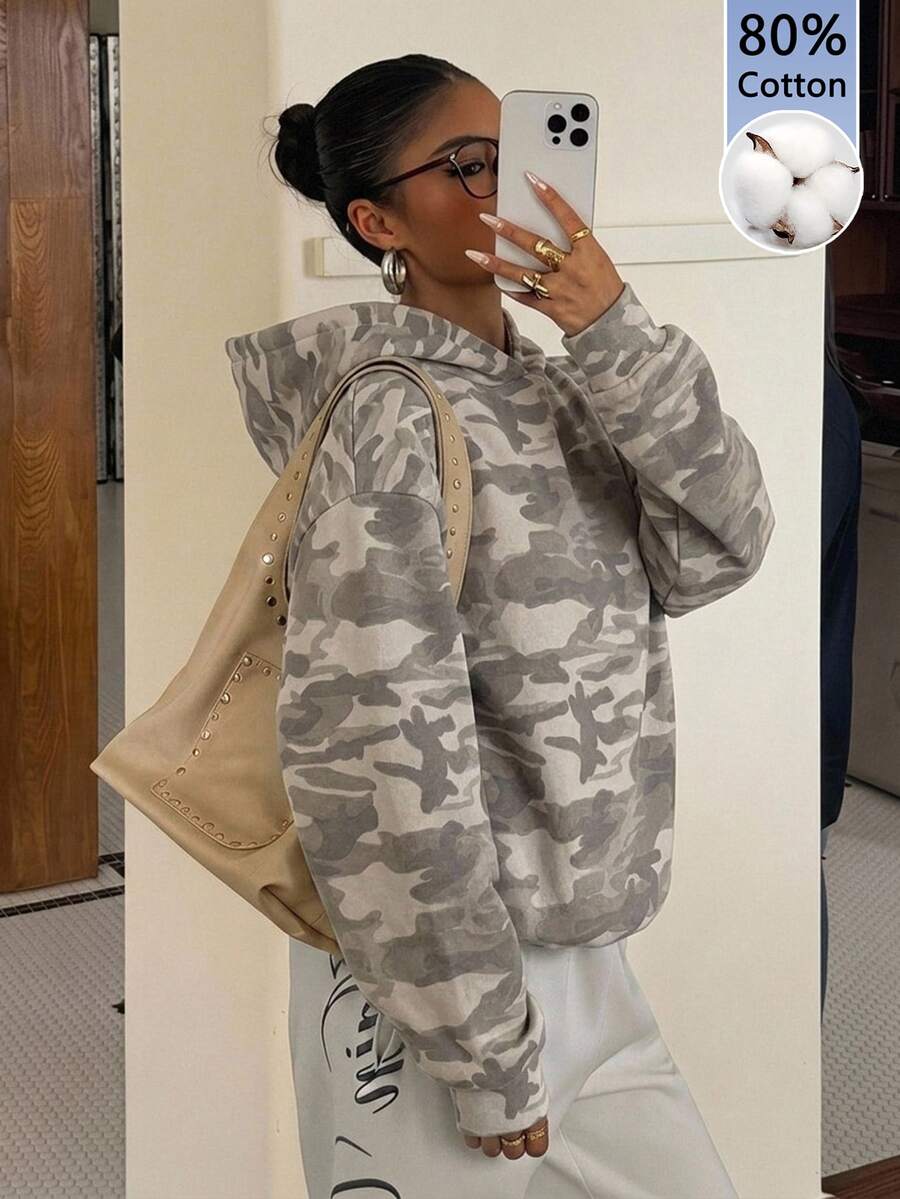 SHEIN EZwear 80%棉女款休閒寬鬆連帽衛衣,迷彩印花,女款秋冬服飾 - 彩色 - 查看 1