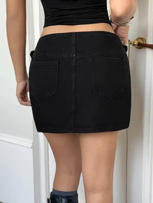 Rivivi Rok Mini Denim Kasual Serbaguna untuk Wanita, Cocok untuk Sehari-hari - Hitam - View 2