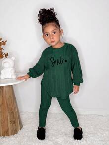 2pcs/Set Young Girl Fashion Casual Drop Shoulder Ribbed Knit "Smile" Graphic T-Shirt And Leggings, Pink Outfit Girls Girls Ribbed Set Girls Fall Sets Girls Comfy Set Girl Sweat Suit Set - Green - View 1