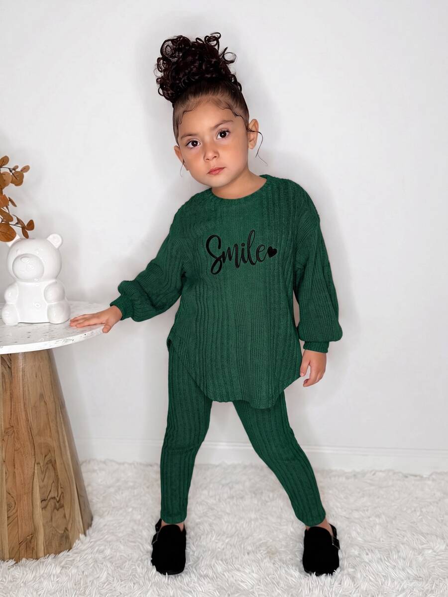 2pcs/Set Young Girl Fashion Casual Drop Shoulder Ribbed Knit "Smile" Graphic T-Shirt And Leggings, Pink Outfit Girls Girls Ribbed Set Girls Fall Sets Girls Comfy Set Girl Sweat Suit Set - Green - View 1