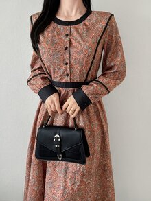 FRIFUL Women's Rust Round Neck Long Sleeve Button Half-Placket Casual Vintage Elegant Midi Dress Brunch High Tea Autumn Winter High Tea Date Night - Brown - View 6
