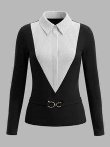 IslaSuriya Women's Patchwork Striped Shirt Collar Long Sleeve 2 In 1 Top - Black - View 4