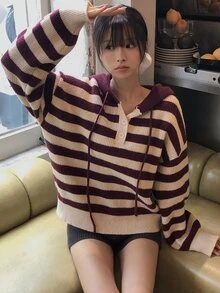 DAZY Women's Colorblock Striped Loose Hooded Long Sleeve Casual Streetwear Vacation Spring Autumn Knit Sweater - Red - View 2