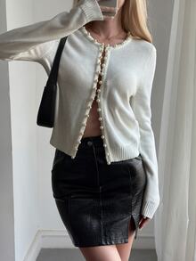 Livesso Women's Winter White Round Neck Button Cable Knit Long Sleeve Slim Fit Ribbed Cardigan - White - View 6