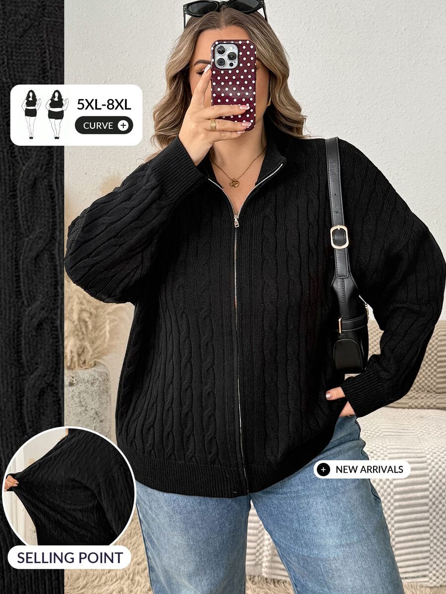 SHEIN CURVE+ Plus Size Women's Solid Color Zipper Casual Versatile Daily Wear Cardigan - Black - View 1