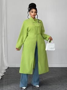 Maweii Cardigan Panjang Terbuka Depan Gaya Cheongsam Cina Ukuran Plus untuk Musim Gugur - Hijau - View 4