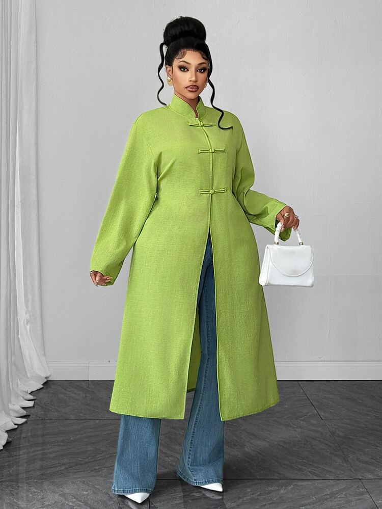 Maweii Plus Size Chinese Style Cheongsam Element Long Open Front Cardigan Fall - Green - View 4