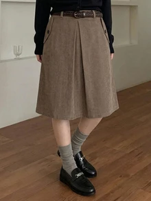 DAZY Rok Wanita Kasual Musim Semi/Gugur Model A-Line Warna Polos Panjang Selutut dengan Lipit dan Kantong, Cocok untuk Liburan Musim Semi/Gugur - Khaki - View 3