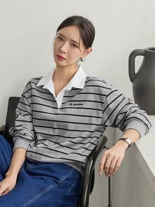 Dazy-Less Áo nỉ nữ phong cách Hàn Quốc kẻ sọc phối màu, cài nút nửa ngực, phong cách công sở thường ngày cho mùa thu - Đen và trắng - Xem 6