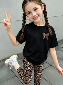 Elladie kids 女童清新簡約豹紋蝴蝶結設計基礎短版T恤與豹紋內搭褲套裝 - 彩色 - 查看 3