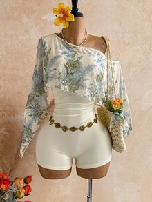 Soleia 新款度假針織紋理不對稱露肩披肩式迷你連身褲，適合下午茶、海灘、郵輪、公路旅行、城市度假、音樂節、派對、波希米亞風 - 彩色 - 查看 4