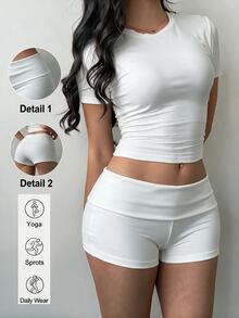 SHEIN BASICS 女款素色摺腰休閒內搭短褲 - 彩色 - 查看 12