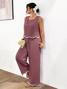 Lounesse Plus Size Women's Round Neck Sleeveless Blouse And Wide Leg Pants Casual 2 Pieces Set - Burgundy - View 6