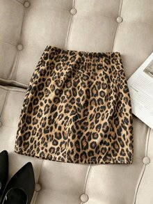SHEIN Franclia 時尚休閒通勤豹紋裹裙 - 彩色 - 查看 2