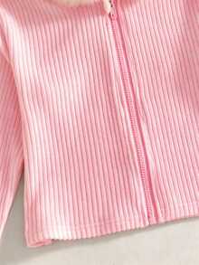 SHEIN Sparklyn 1件女童甜美軟萌可愛風校園日常秋冬毛領連帽修身顯瘦針織開襟外套 - 粉色 - 查看 5