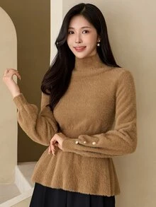 DAZY Women's Elegant Solid Color Stand Collar Sweater, Autumn/Winter Long Sleeve Tops - Brown - View 3