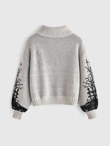 ROMWE Goth Dark Vintage Plus Size Women's Knit Sweater, Cross & Graveyard Print, High Neck, Loose Fit, Long Sleeve, Pullover, Halloween Street Style - Light Grey - View 2
