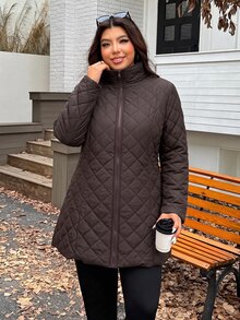 SHEIN EZwear 冬季大尺碼保暖內裡加厚中長版大衣 - 巧克力棕 - 查看 6