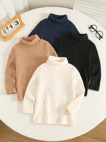 SHEIN 4件裝男孩針織高領素色T恤，休閒舒適秋季與冬季衣櫥單品 - 彩色 - 查看 1