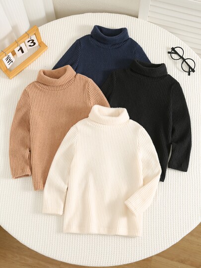 SHEIN 4 piezas de camisetas de cuello alto de punto de unicolor para niños jóvenes, armario casual & cómodo para otoño & invierno