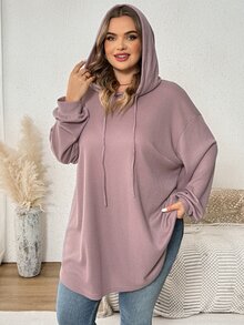 SHEIN CURVE+ بلوزة رياضية للنساء بمقاس كبير بلون موحد مع بطانية رأس وحبل شد وحافة غير متماثلة، خريف/شتاء - وردي مغبر - مشاهدة 3