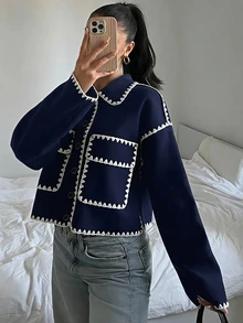 SHEIN 青少年女孩休閒百搭黑白撞色飾邊翻領大口袋秋冬羊毛外套 - 藏蓝色 - 查看 1