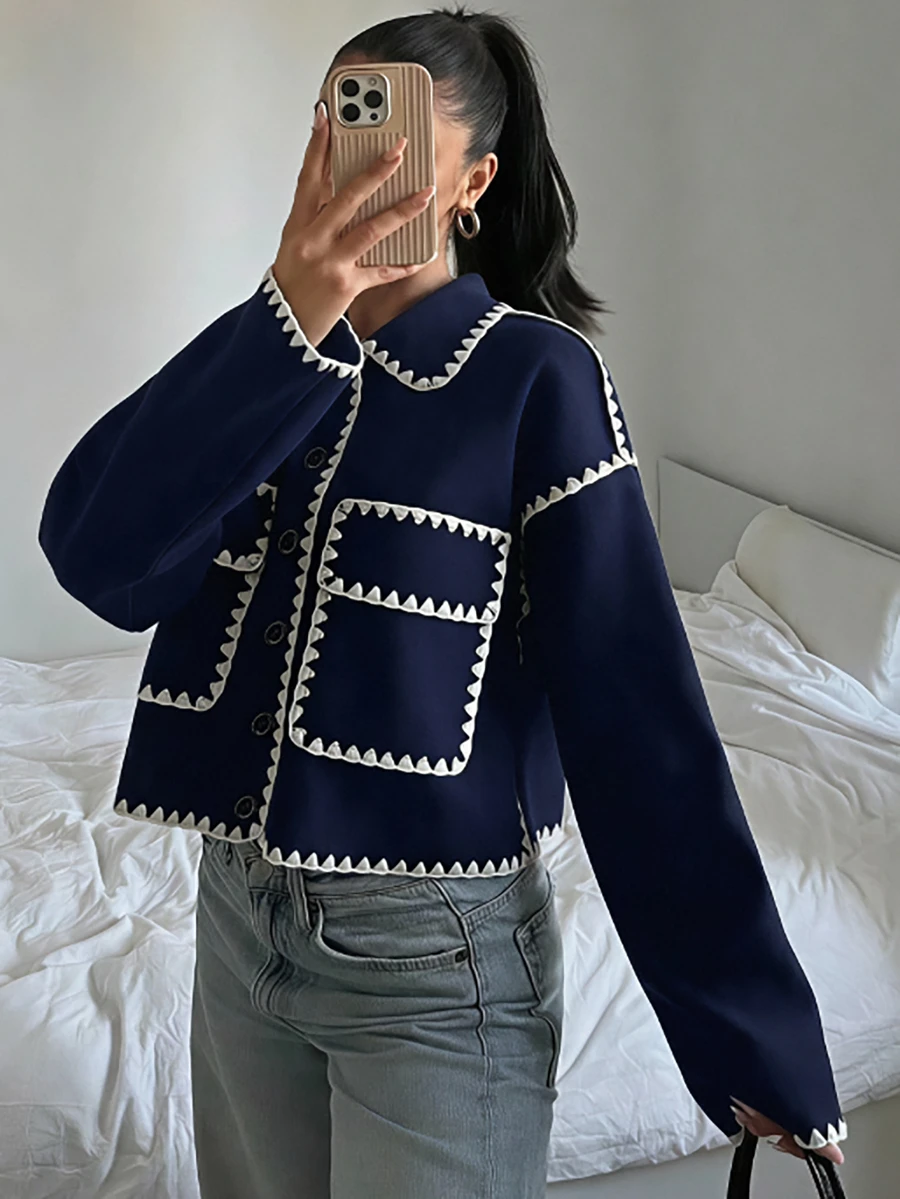 SHEIN 青少年女孩休閒百搭黑白撞色飾邊翻領大口袋秋冬羊毛外套 - 藏蓝色 - 查看 1