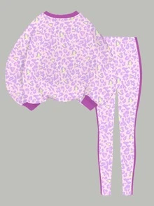 SHEIN Tween女孩休閒圓領長袖衛衣與內搭褲2件套，櫻桃圖案，適合秋冬 - 彩色 - 查看 3