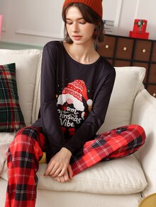 Chillnights Women's Christmas Santa Plaid Knit Long Sleeve Pants Pajama Set - Multicolor - View 5