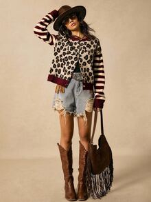 Easelle Vintage Nomadic Leopard Print & Striped Patchwork Women's Cardigan - Burgundy - View 5