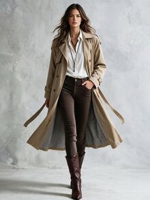 Solivie 女款素色雙排扣風衣，輕量，適合秋冬穿著 - 卡其色 - 查看 1