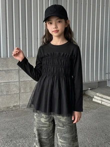 Dazy Kids Tween Girl Solid Color Pleated Casual Versatile Daily Wear Top - Black - View 5