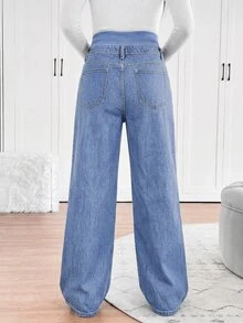 SHEIN 孕婦休閒水洗直筒牛仔褲 - 中等水洗藍 - 查看 2