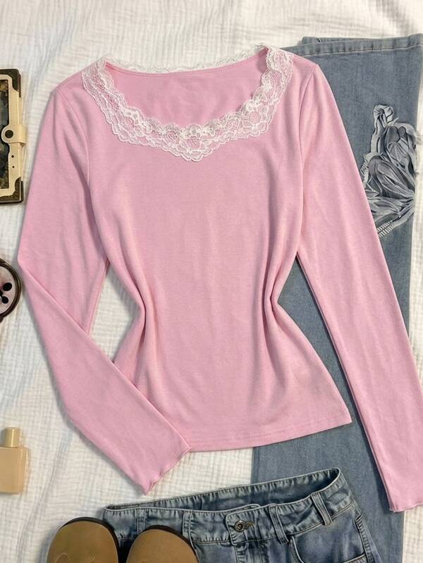 Girlism Camiseta Casual de Manga Longa com Decote U Oversized, Tricotada, Rosa com Acabamento em Renda Contrastante para Menina Pré-Adolescente