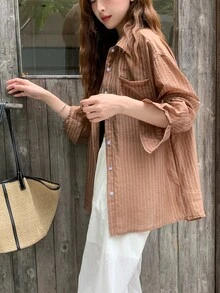 DAZY 女款條紋落肩長袖單排扣休閒襯衫 - 咖啡棕 - 查看 9
