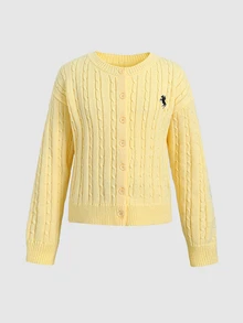SHEIN Tween Girl Casual Solid Yellow Logo EMB Cardigan For Fall/Winter, Back To School, Preppy Style - Yellow - View 3
