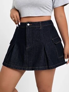SHEIN ICON 大尺碼牛仔工裝鉛筆裙 - 深色水洗藍 - 查看 3