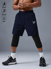 Acti Log 男士運動短褲，彈性抽繩，2合1，跑步與健身，戶外休閒 - 黑色 - 查看 4