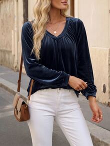 Faunlyn Women's Solid Color Pleated Casual Elegant Versatile Daily Wear T-Shirt Office Dinner Everyday Navy Blue Fall Velvet Shirt Simple - Blue - View 8