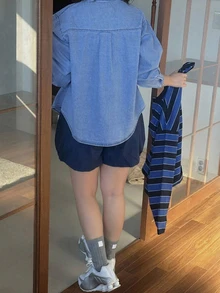 Dazy Plus Solid Color Loose Long Sleeve Denim Shirt Casual Vacation Spring Autumn Denim Top - Blue - View 2