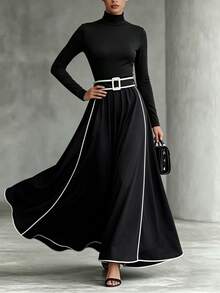 LUMIGAL Autumn Colorblock Trim High Neck A-Line Belted Wrap Casual Versatile Women's Dress - Black - View 3
