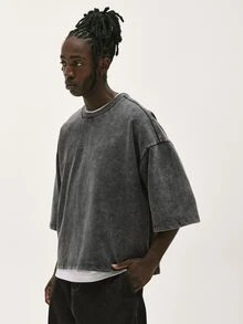 Baseblock Men's Cotton Black Streetwear Minimalist Logo Embossed Loose Fit Short Sleeve Mid-Sleeve T-Shirt - Black - View 3