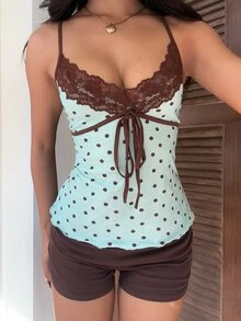CovetEZ Women's Contrast Lace Polka Dot Print Camisole - Mint Green - View 7