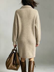 SHEIN Women's Half-Open Collar Sweater Dress, Loose Fit, Dropped Shoulder, Long Sleeve, Half-Button Front, Pockets, Mid-Length, Casual Slimming, Autumn/Winter Commute - Khaki - View 2
